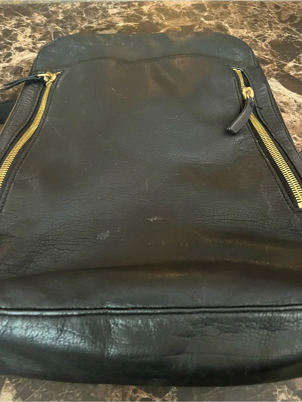 margot Black Leather Backpack with Gold Zippers